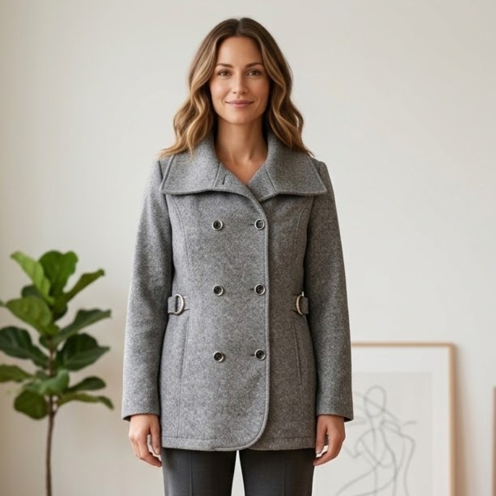 Details Intl Womens L Grey Herringbone Double Breasted Belted Pea Coat NWOT‎